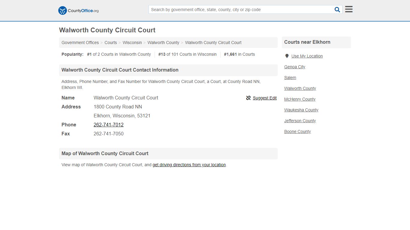 Walworth County Circuit Court - Elkhorn, WI (Address, Phone, and Fax)